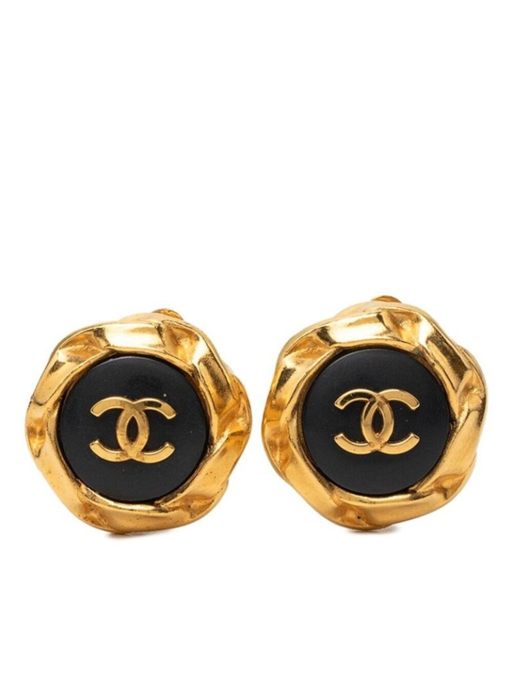 Chanel CC Logo Vintage Earrings 96P Gold Black Plated